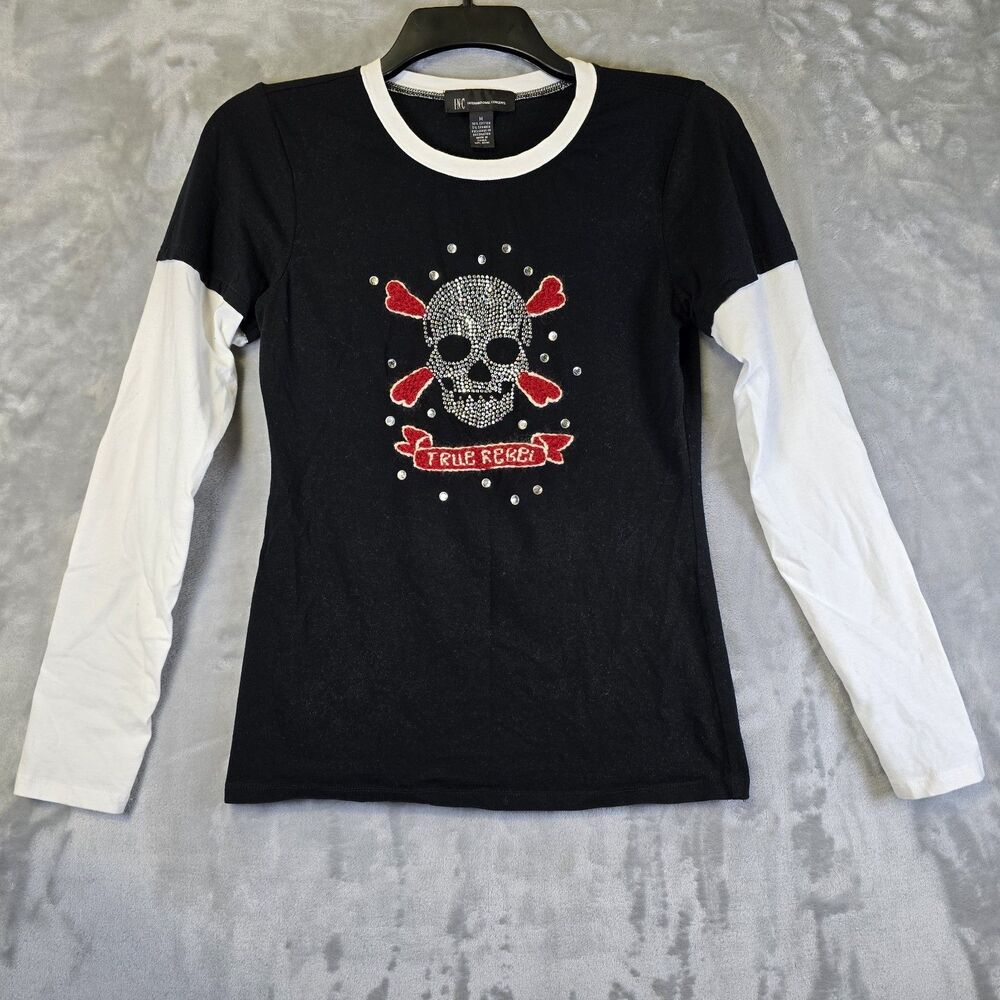 Inc T Shirt Long Sleeve Womens M Embroidered Beaded Skull Design Goth Grunge